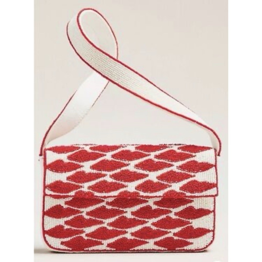 Anthropologie Fiona Red Lips Beaded Shoulder Bag NWOT Festival Summer